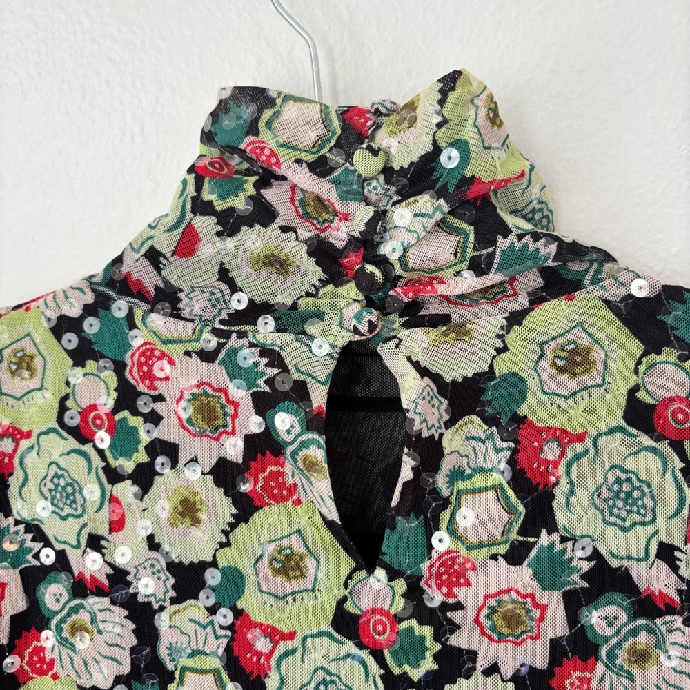 Cinq a Sept Sequin Embellished Shirred Mesh Turtleneck Top Long Sleeve floral - Picture 5 of 9